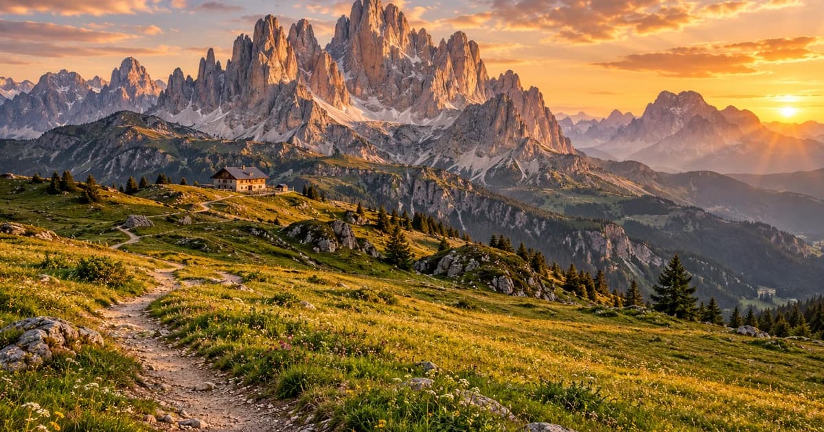 Illustration of a mountain hiking trail through alpine meadows