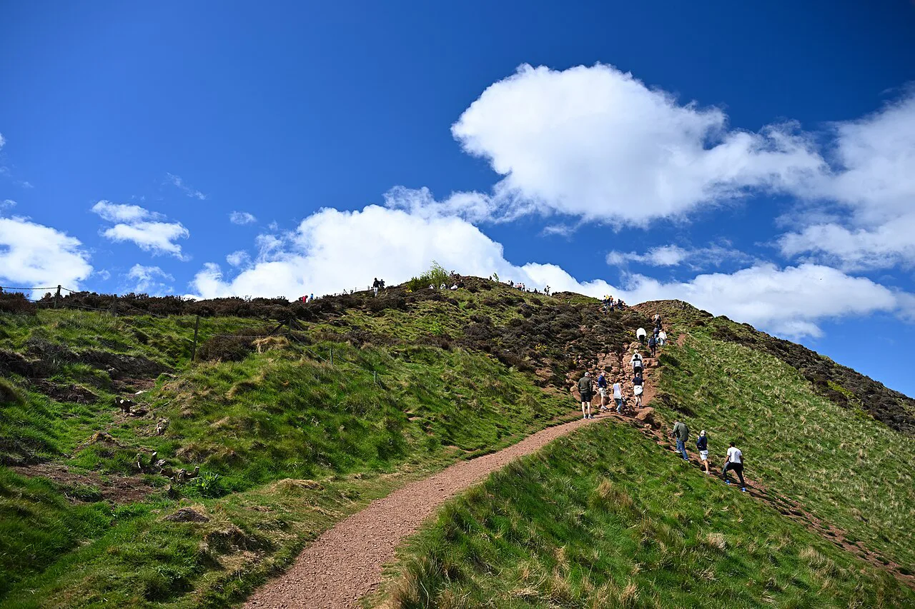 Hikers ascending Arthur's seat May, Scotland