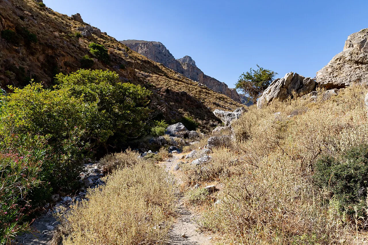 Hiking trail in Kourtaliotiko Gorge on the island of Crete, Greece