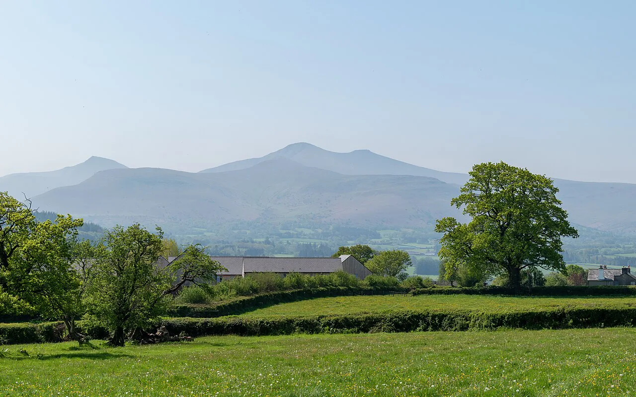 Farmer's field on lower slopes of Pen-y-crug with Brecon Beacons behind