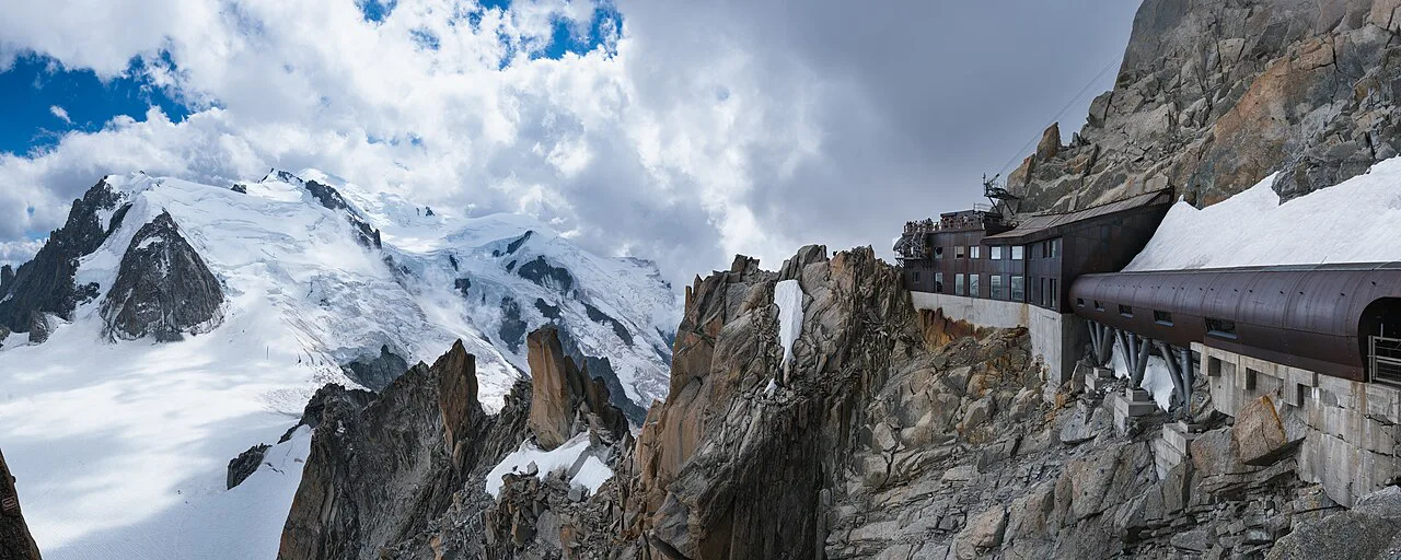 Panorama of Aiguille du Midi station and Mont Blanc glaciers, Chamonix, Haute-Savoie