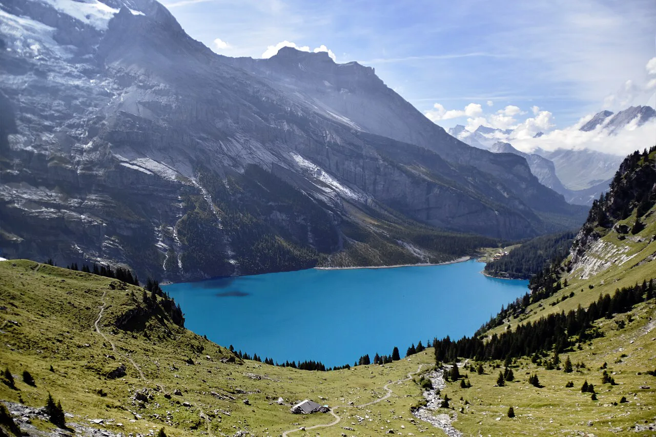 View over Oeschinensee and surrounding mountains near Kandersteg, Switzerland