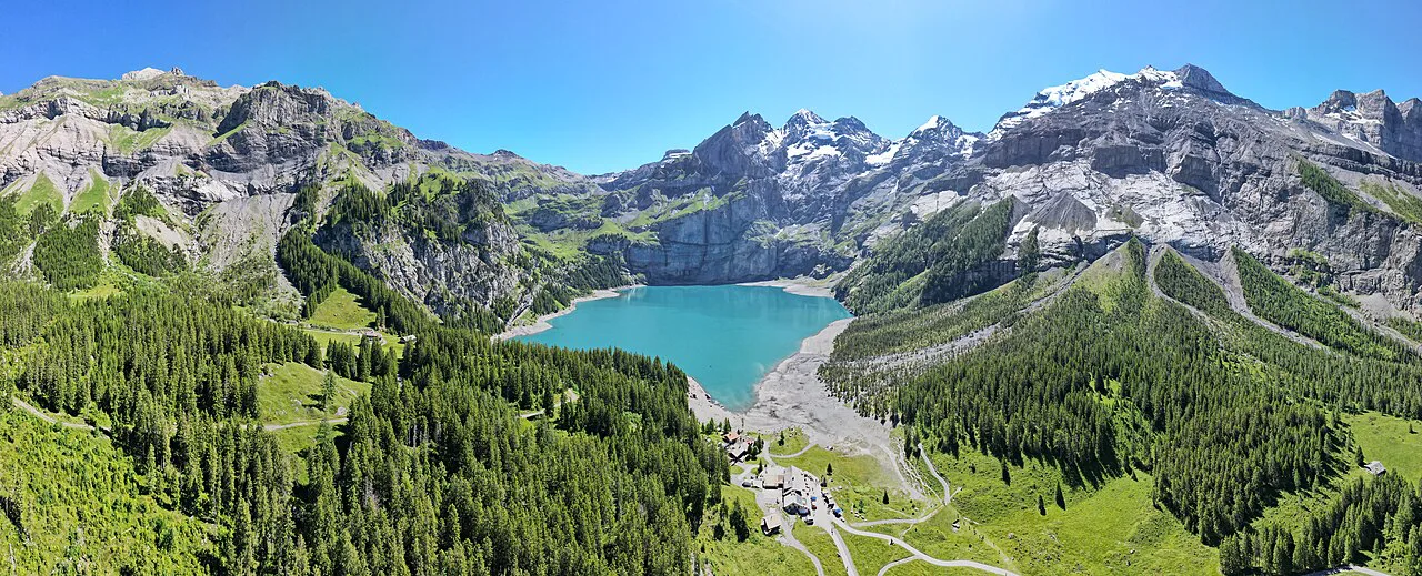 Oeschinen Lake (Oeschinensee) panorama from above, Kandersteg