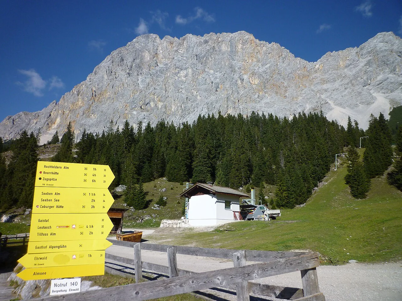 Ehrwald - Zugspitze mit Wegweiser auf der Ehrwalder Alm, Garmisch-Partenkirchen